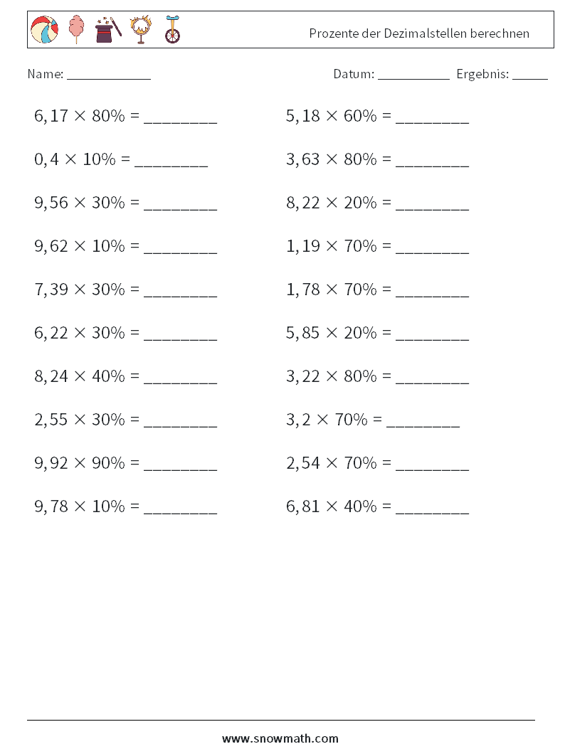 Prozente der Dezimalstellen berechnen Mathe-Arbeitsblätter 8