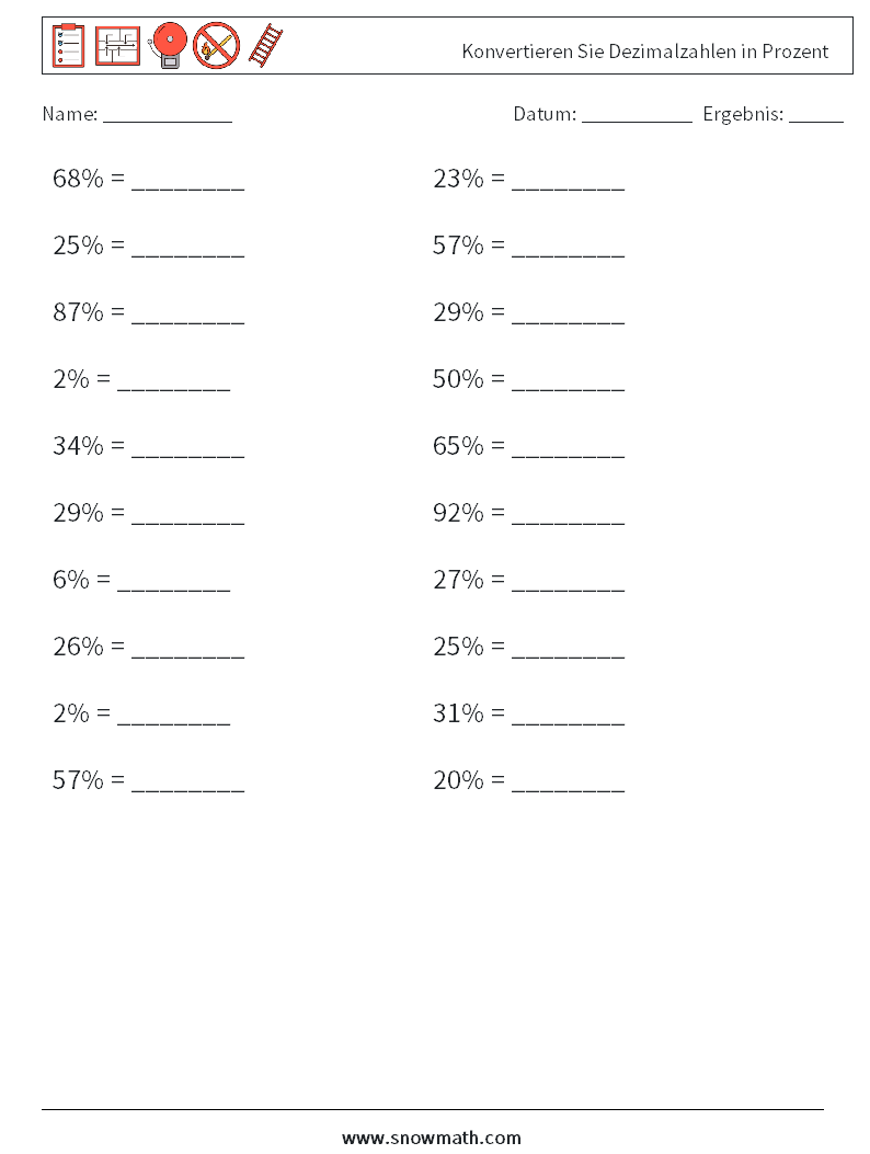 Konvertieren Sie Dezimalzahlen in Prozent Mathe-Arbeitsblätter 2