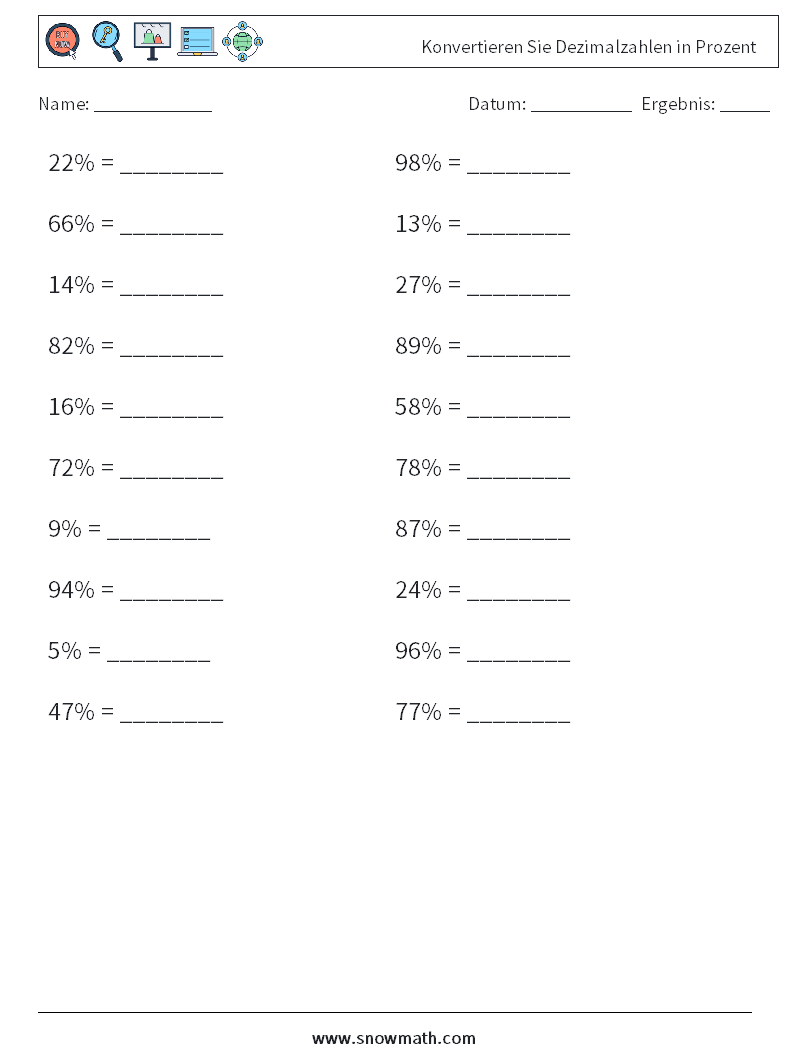 Konvertieren Sie Dezimalzahlen in Prozent Mathe-Arbeitsblätter 3