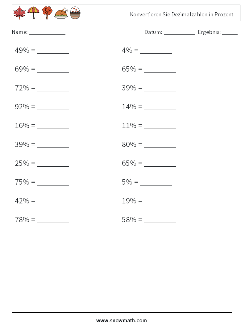 Konvertieren Sie Dezimalzahlen in Prozent Mathe-Arbeitsblätter 5