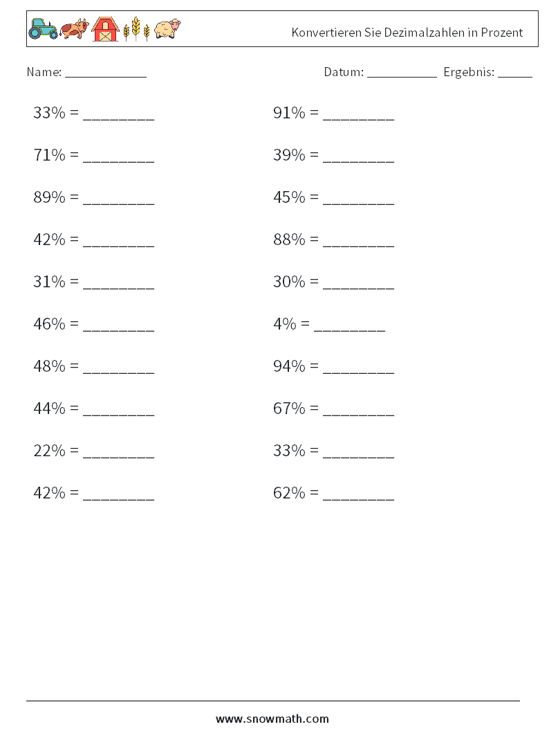 Konvertieren Sie Dezimalzahlen in Prozent Mathe-Arbeitsblätter 7