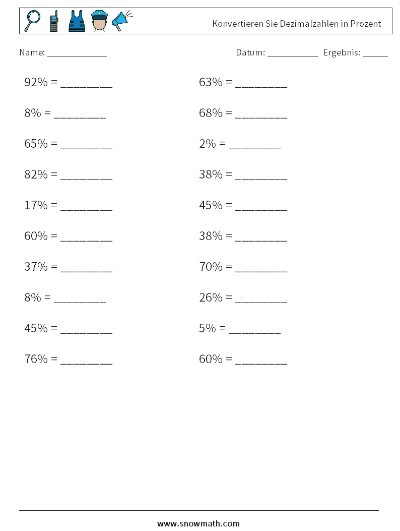 Konvertieren Sie Dezimalzahlen in Prozent Mathe-Arbeitsblätter 9