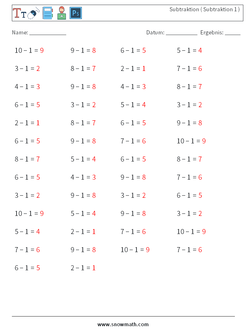 (50) Subtraktion ( Subtraktion 1 ) Mathe-Arbeitsblätter 1 Frage, Antwort