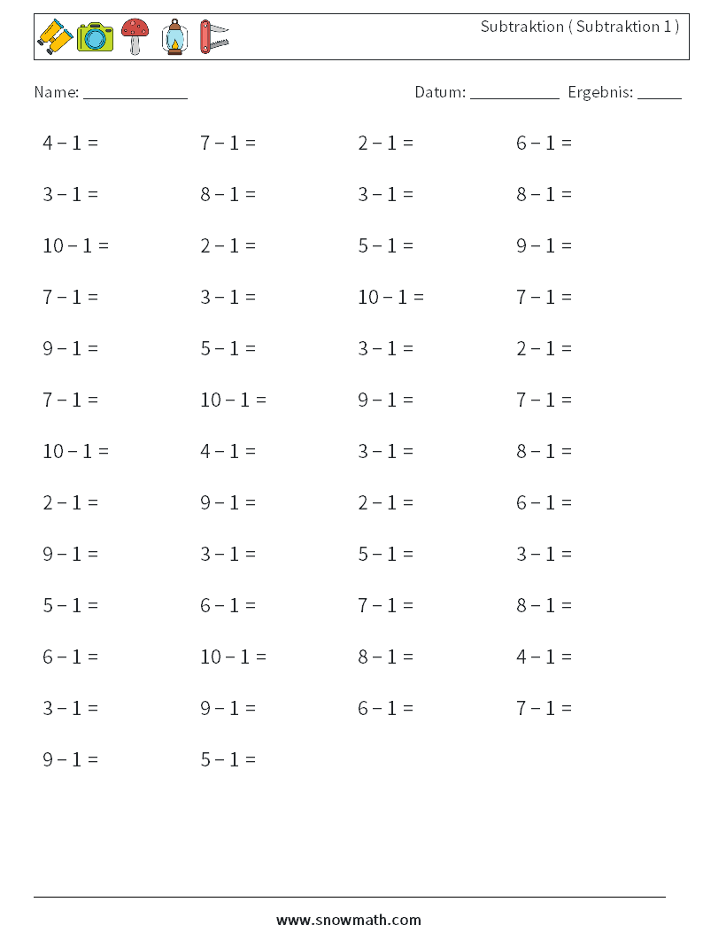 (50) Subtraktion ( Subtraktion 1 ) Mathe-Arbeitsblätter 2