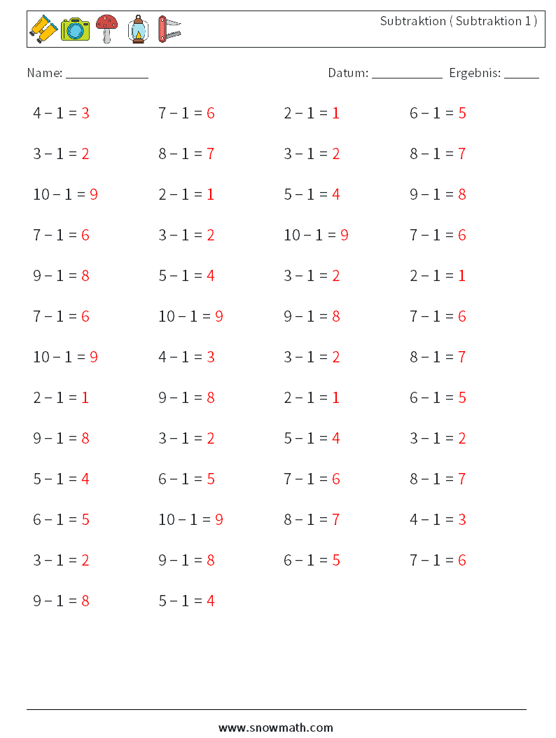 (50) Subtraktion ( Subtraktion 1 ) Mathe-Arbeitsblätter 2 Frage, Antwort