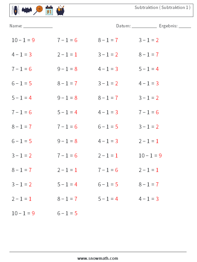 (50) Subtraktion ( Subtraktion 1 ) Mathe-Arbeitsblätter 3 Frage, Antwort