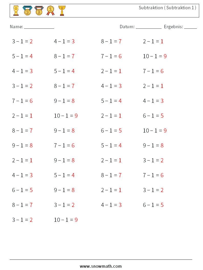 (50) Subtraktion ( Subtraktion 1 ) Mathe-Arbeitsblätter 4 Frage, Antwort