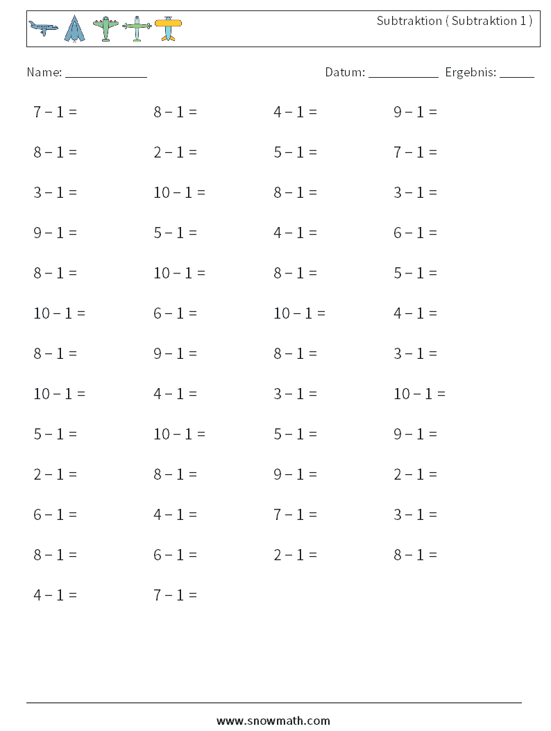 (50) Subtraktion ( Subtraktion 1 ) Mathe-Arbeitsblätter 5