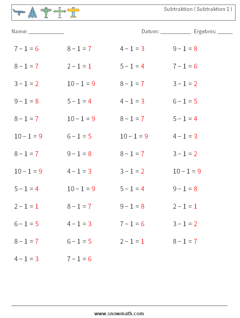 (50) Subtraktion ( Subtraktion 1 ) Mathe-Arbeitsblätter 5 Frage, Antwort