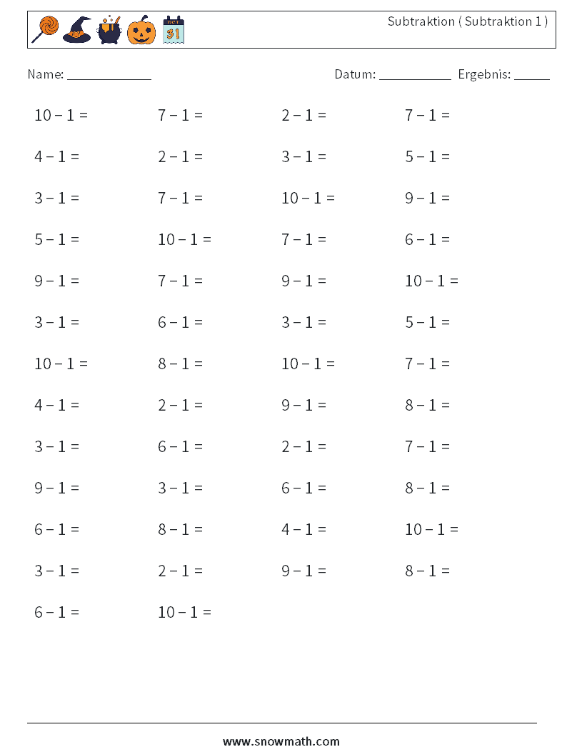 (50) Subtraktion ( Subtraktion 1 ) Mathe-Arbeitsblätter 6