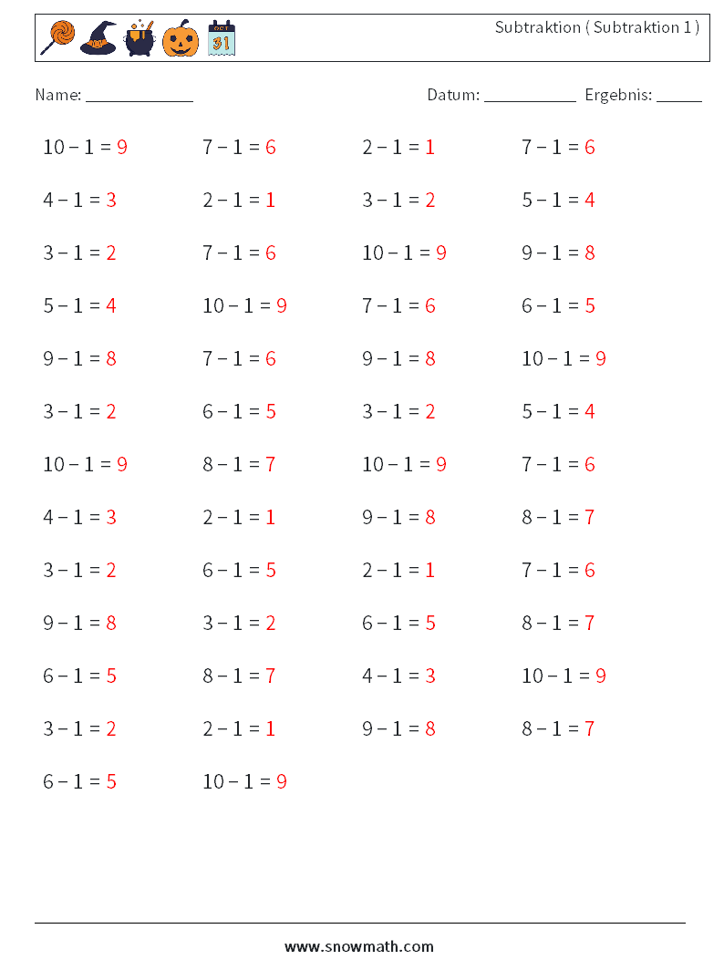 (50) Subtraktion ( Subtraktion 1 ) Mathe-Arbeitsblätter 6 Frage, Antwort