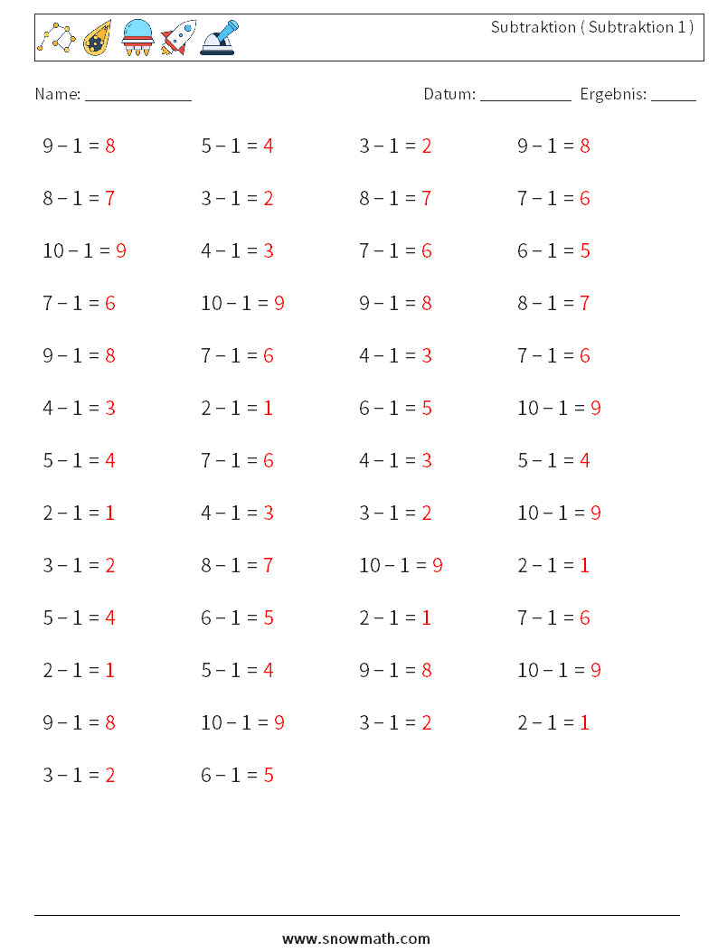 (50) Subtraktion ( Subtraktion 1 ) Mathe-Arbeitsblätter 8 Frage, Antwort