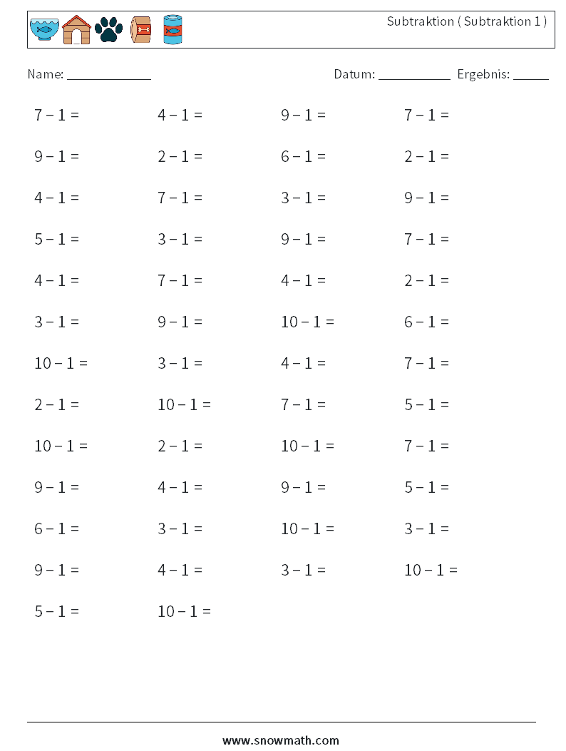 (50) Subtraktion ( Subtraktion 1 ) Mathe-Arbeitsblätter 9