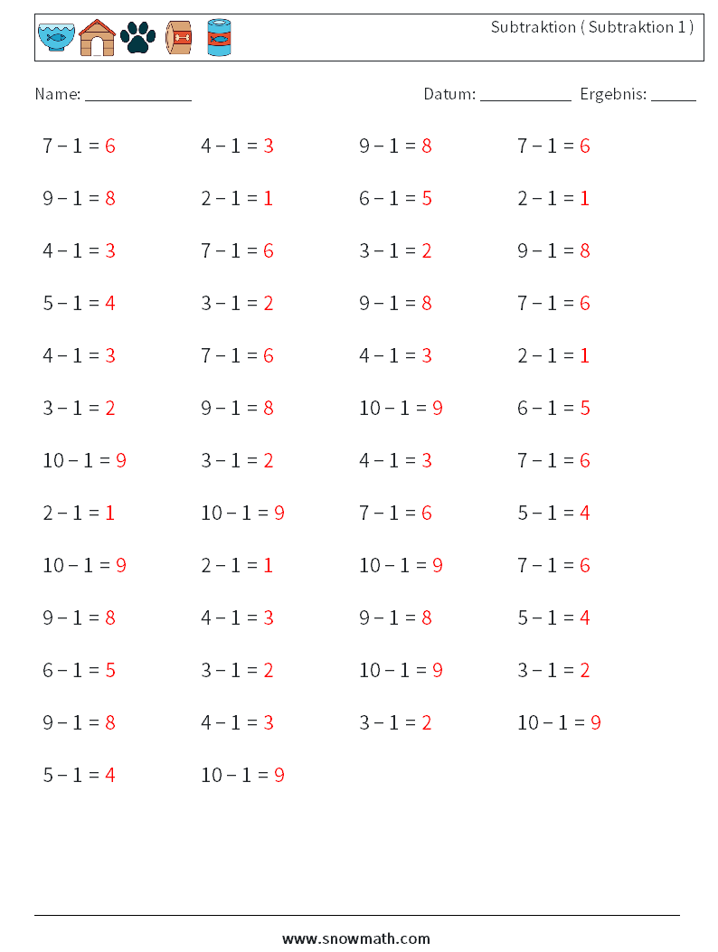 (50) Subtraktion ( Subtraktion 1 ) Mathe-Arbeitsblätter 9 Frage, Antwort