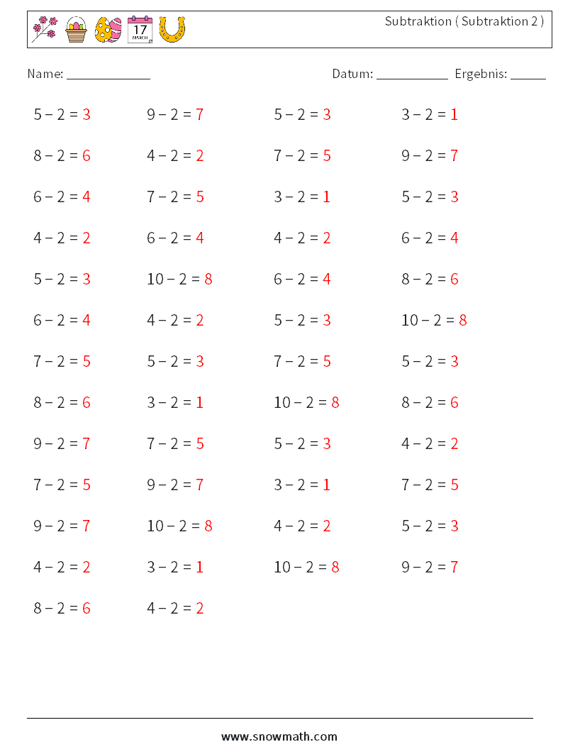 (50) Subtraktion ( Subtraktion 2 ) Mathe-Arbeitsblätter 3 Frage, Antwort