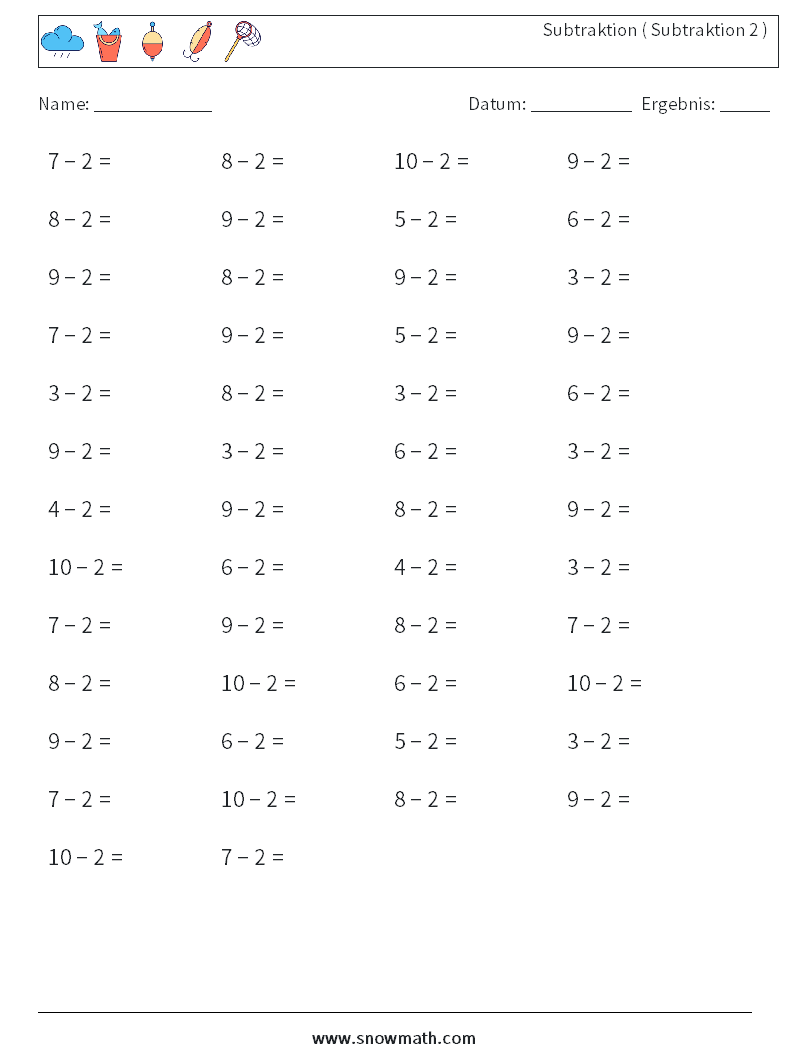 (50) Subtraktion ( Subtraktion 2 ) Mathe-Arbeitsblätter 4