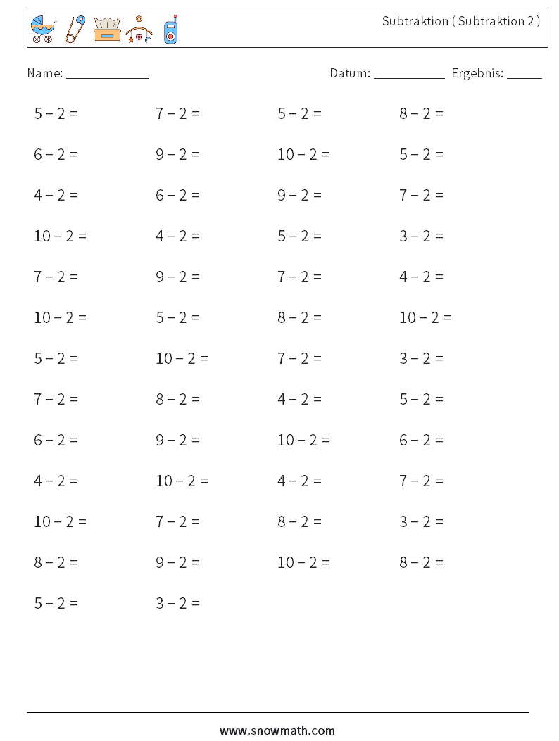 (50) Subtraktion ( Subtraktion 2 ) Mathe-Arbeitsblätter 7
