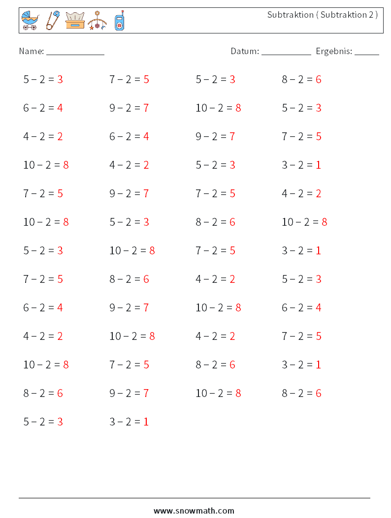 (50) Subtraktion ( Subtraktion 2 ) Mathe-Arbeitsblätter 7 Frage, Antwort