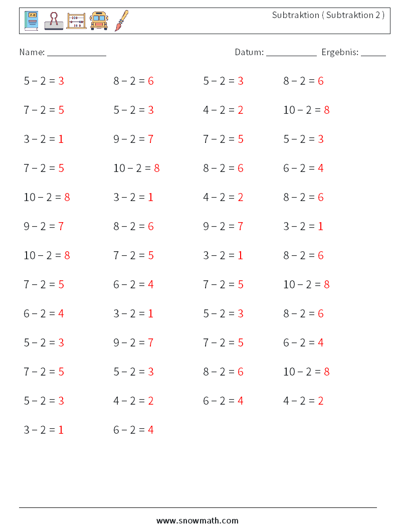 (50) Subtraktion ( Subtraktion 2 ) Mathe-Arbeitsblätter 8 Frage, Antwort
