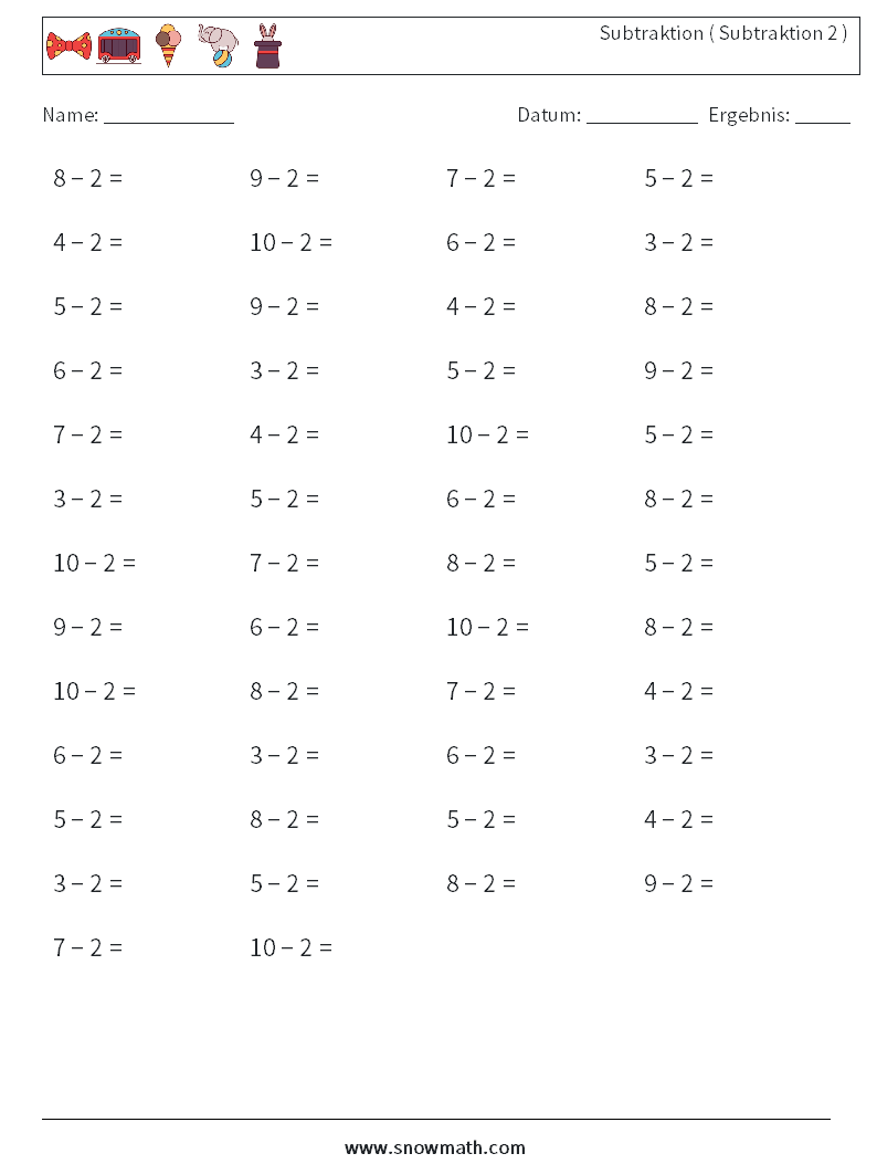 (50) Subtraktion ( Subtraktion 2 ) Mathe-Arbeitsblätter 9