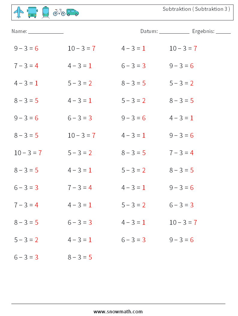 (50) Subtraktion ( Subtraktion 3 ) Mathe-Arbeitsblätter 1 Frage, Antwort