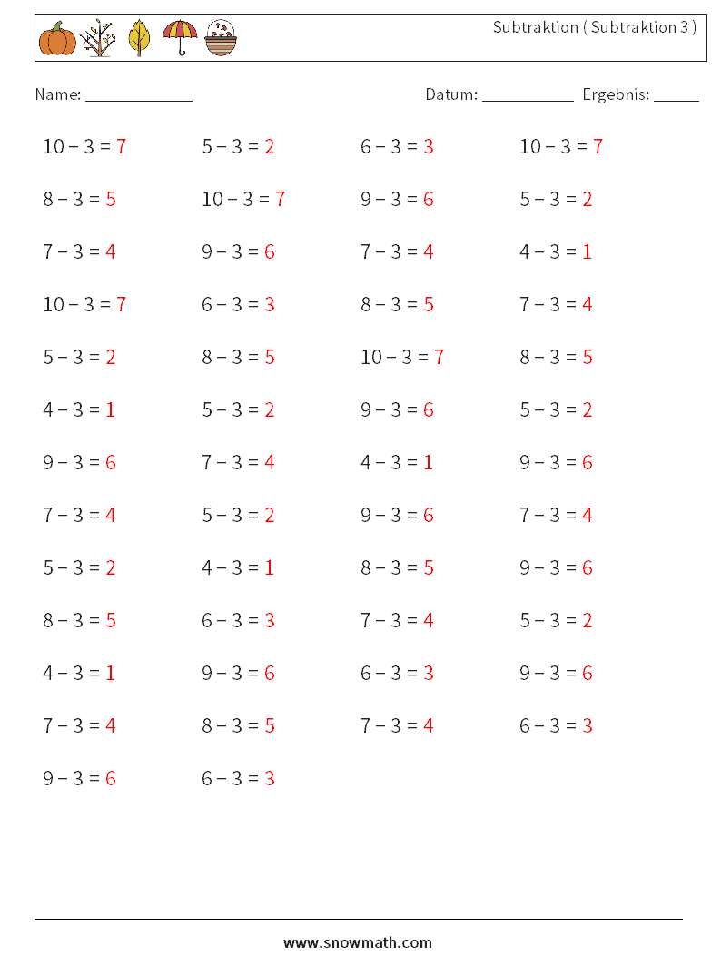 (50) Subtraktion ( Subtraktion 3 ) Mathe-Arbeitsblätter 2 Frage, Antwort