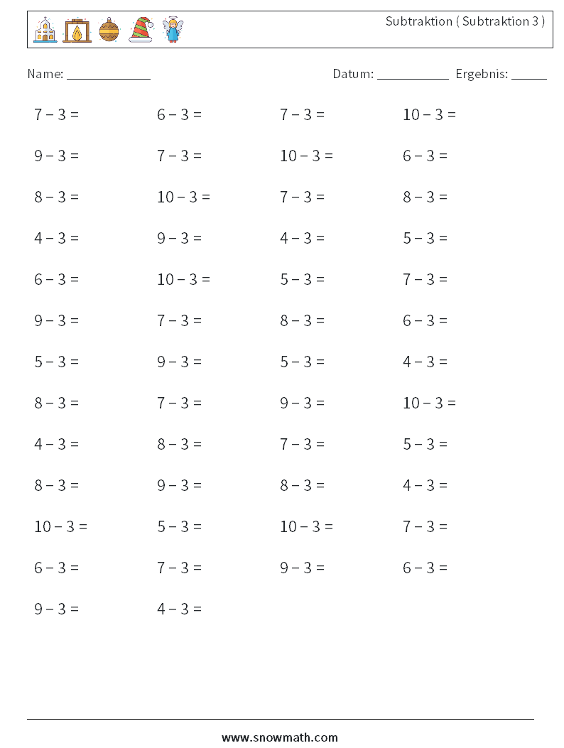 (50) Subtraktion ( Subtraktion 3 ) Mathe-Arbeitsblätter 3