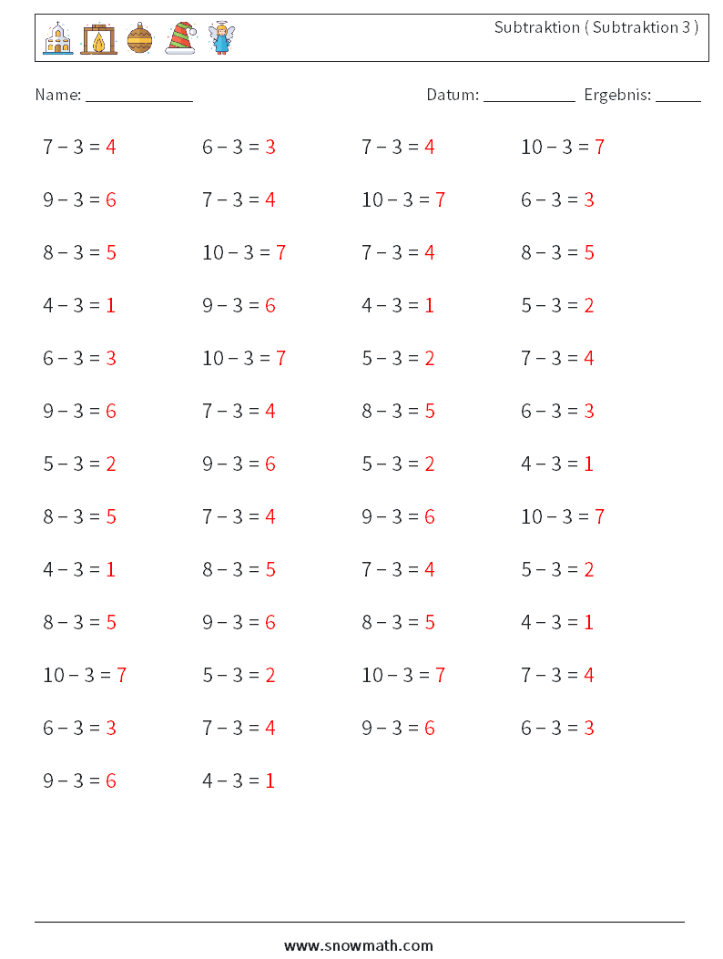 (50) Subtraktion ( Subtraktion 3 ) Mathe-Arbeitsblätter 3 Frage, Antwort