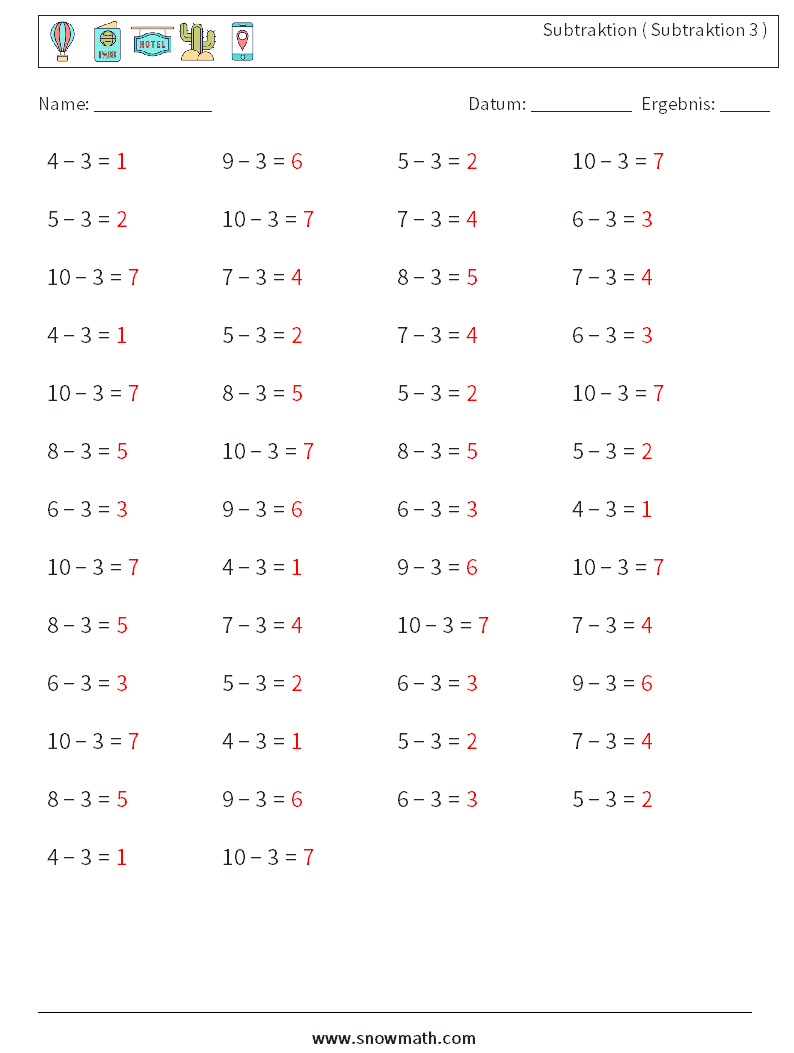 (50) Subtraktion ( Subtraktion 3 ) Mathe-Arbeitsblätter 4 Frage, Antwort