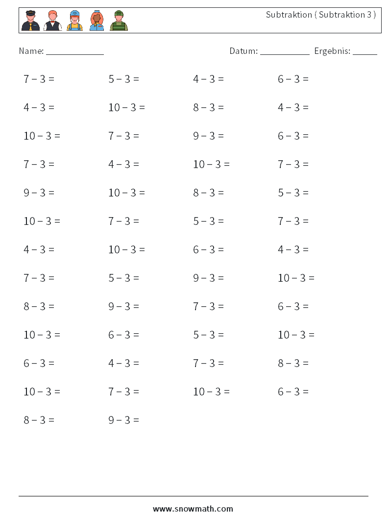 (50) Subtraktion ( Subtraktion 3 ) Mathe-Arbeitsblätter 5