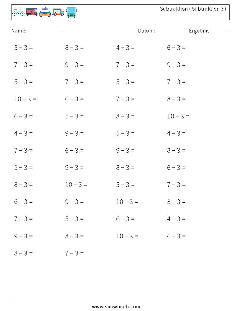 (50) Subtraktion ( Subtraktion 3 ) Mathe-Arbeitsblätter 7