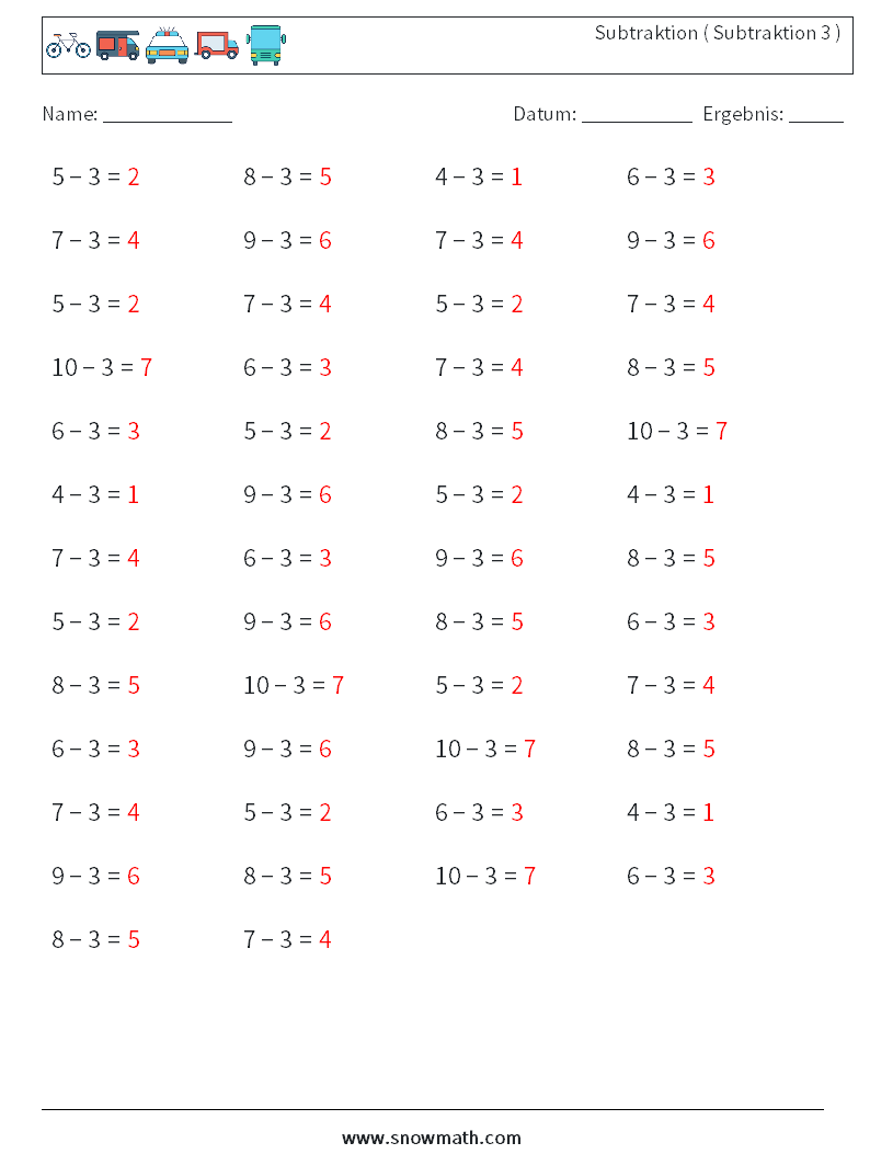 (50) Subtraktion ( Subtraktion 3 ) Mathe-Arbeitsblätter 7 Frage, Antwort