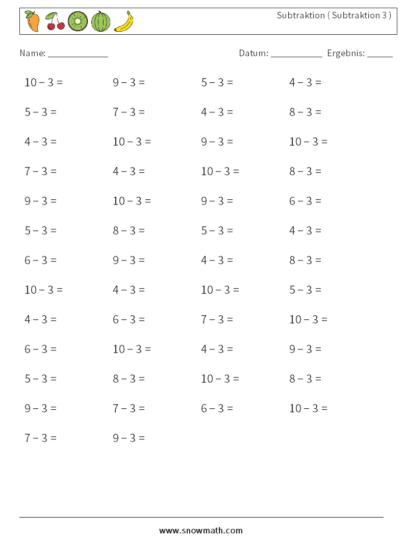 (50) Subtraktion ( Subtraktion 3 ) Mathe-Arbeitsblätter 8