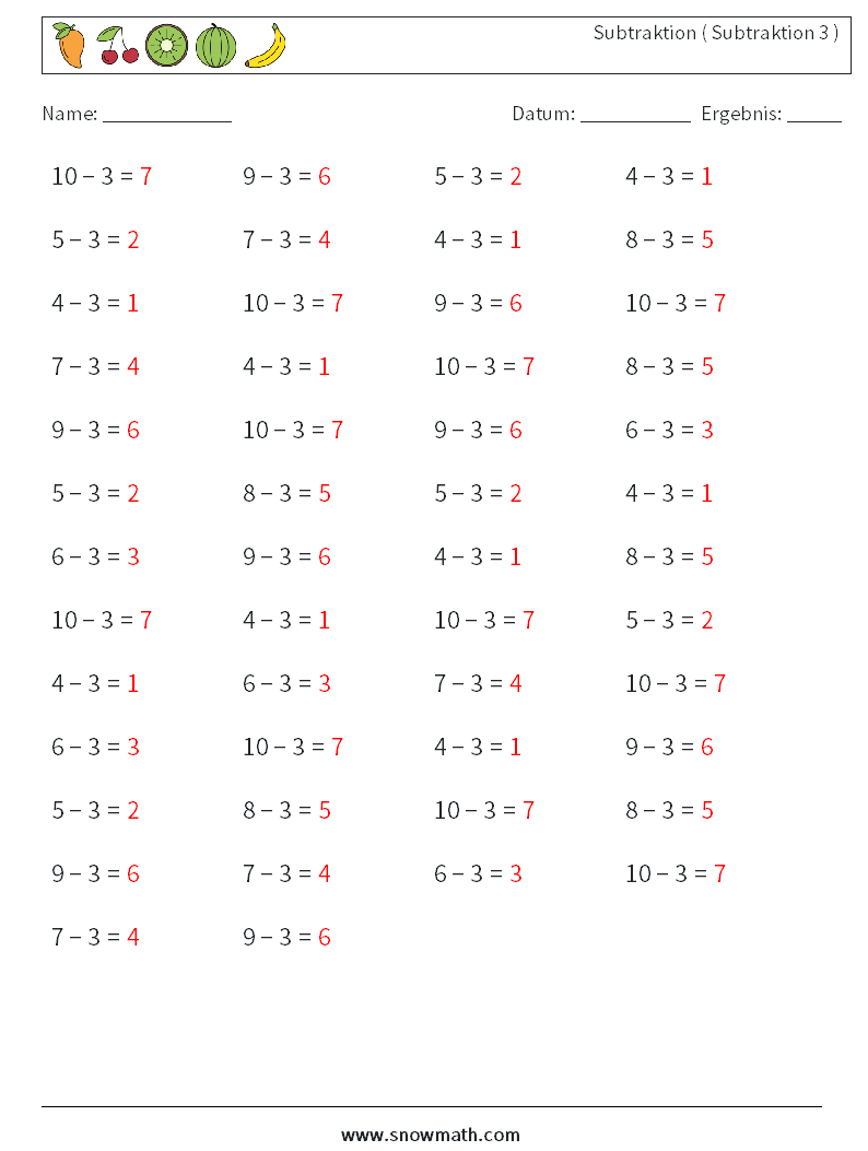 (50) Subtraktion ( Subtraktion 3 ) Mathe-Arbeitsblätter 8 Frage, Antwort