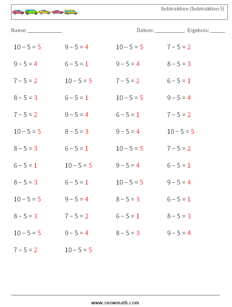 (50) Subtraktion (Subtraktion 5) Mathe-Arbeitsblätter 2 Frage, Antwort