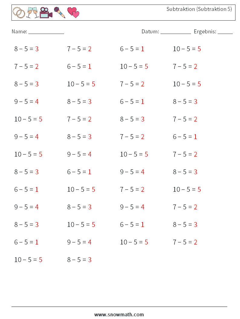 (50) Subtraktion (Subtraktion 5) Mathe-Arbeitsblätter 6 Frage, Antwort