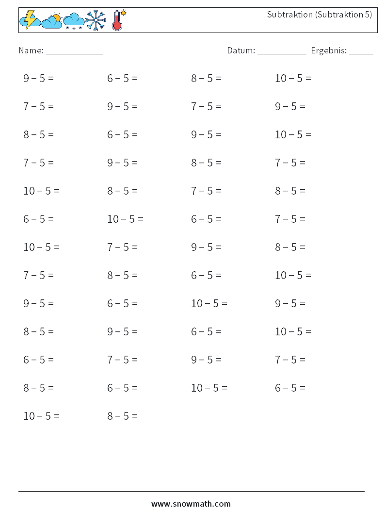 (50) Subtraktion (Subtraktion 5) Mathe-Arbeitsblätter 7