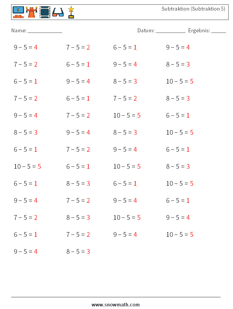 (50) Subtraktion (Subtraktion 5) Mathe-Arbeitsblätter 8 Frage, Antwort