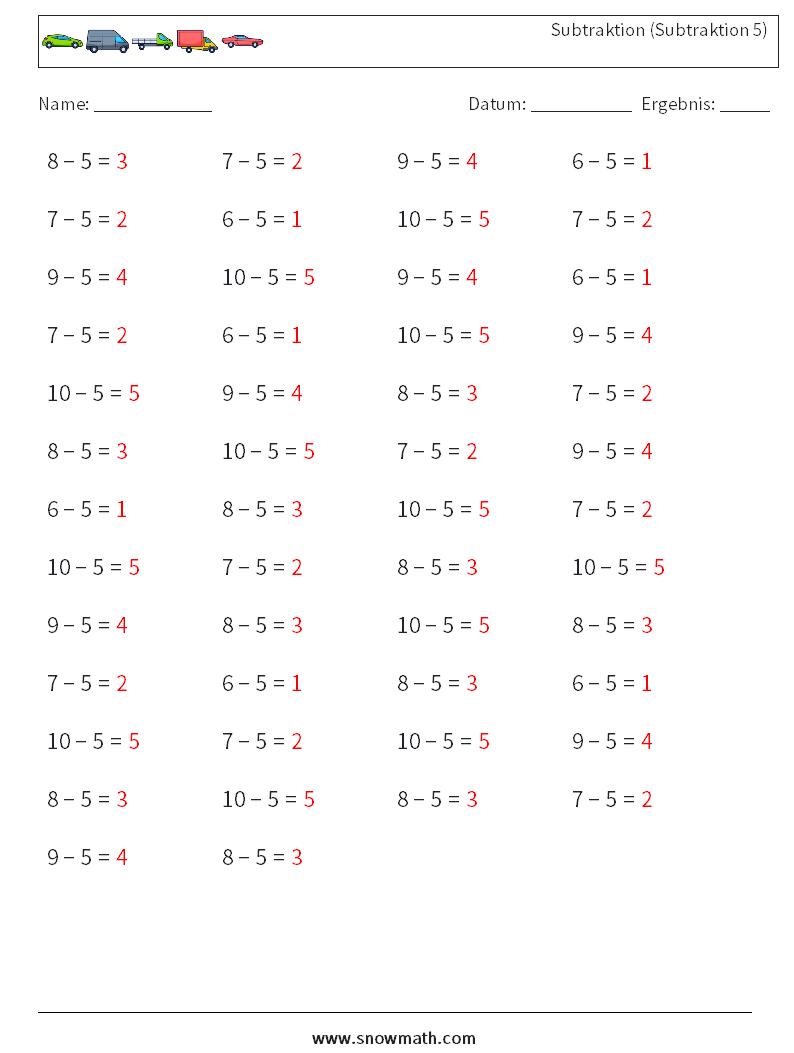 (50) Subtraktion (Subtraktion 5) Mathe-Arbeitsblätter 9 Frage, Antwort