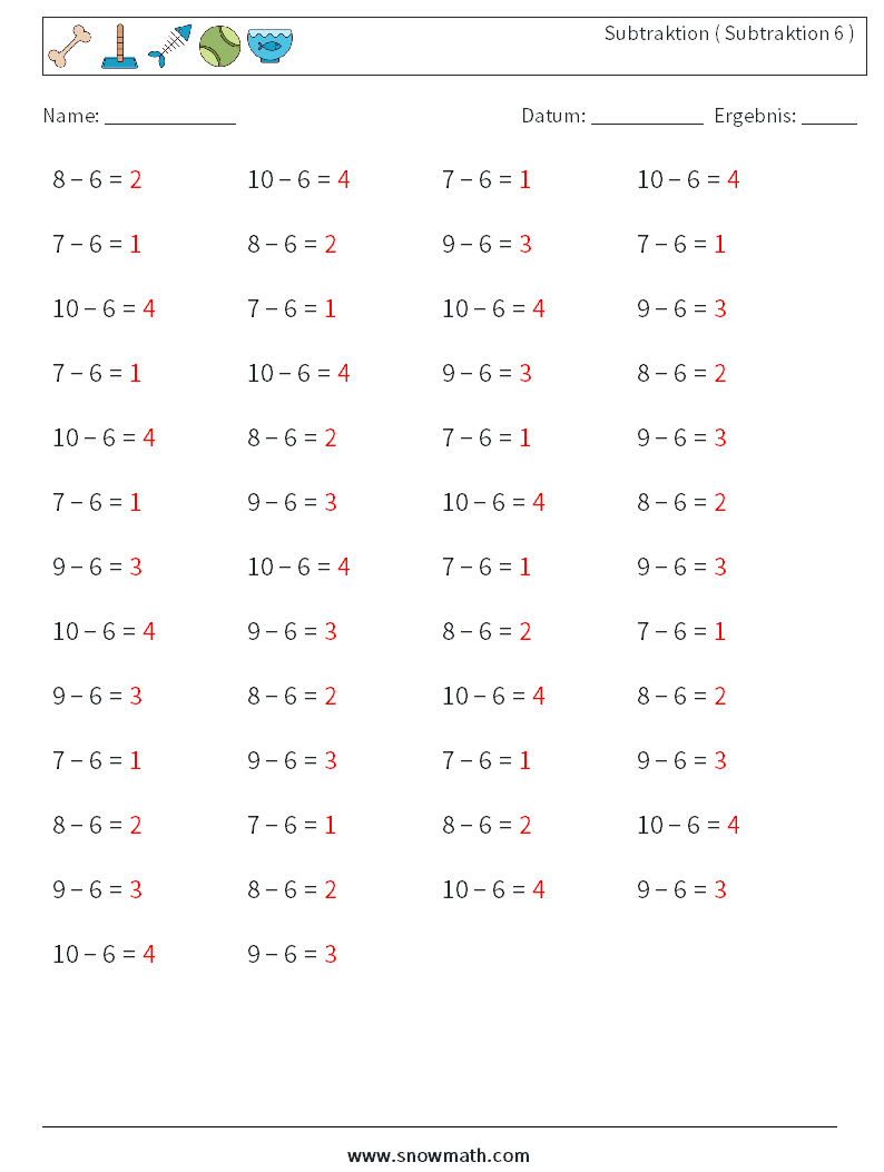 (50) Subtraktion ( Subtraktion 6 ) Mathe-Arbeitsblätter 1 Frage, Antwort