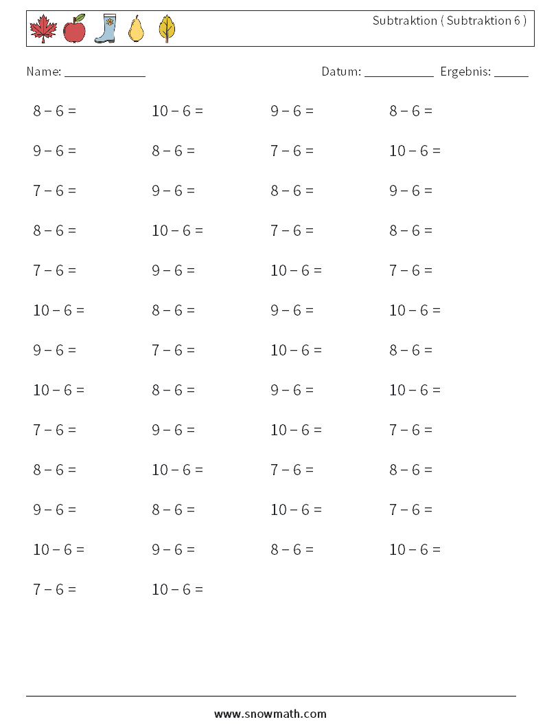 (50) Subtraktion ( Subtraktion 6 ) Mathe-Arbeitsblätter 2