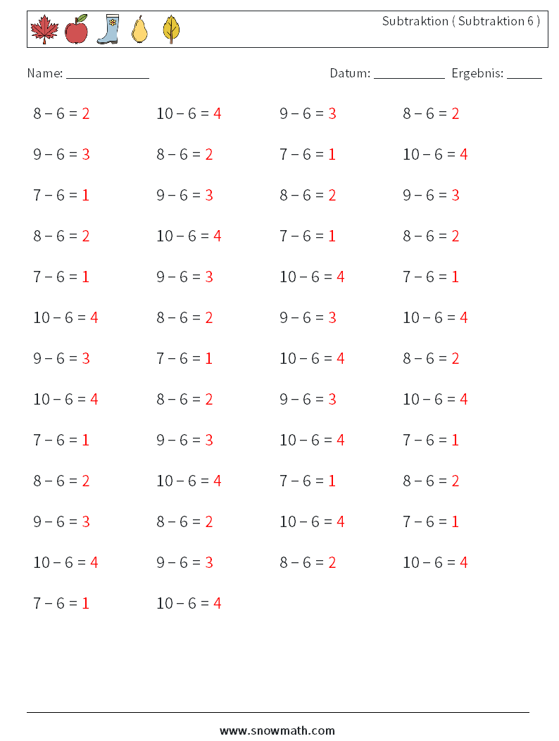 (50) Subtraktion ( Subtraktion 6 ) Mathe-Arbeitsblätter 2 Frage, Antwort
