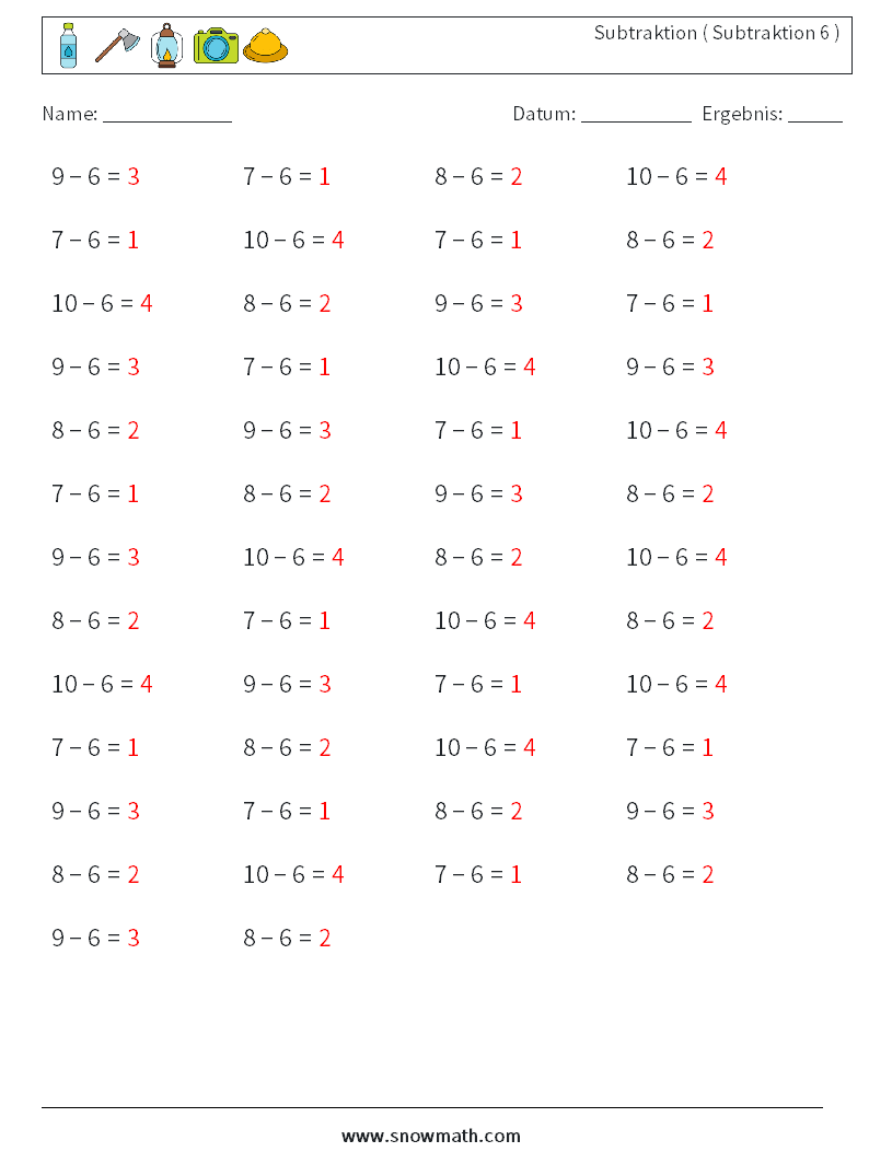 (50) Subtraktion ( Subtraktion 6 ) Mathe-Arbeitsblätter 3 Frage, Antwort