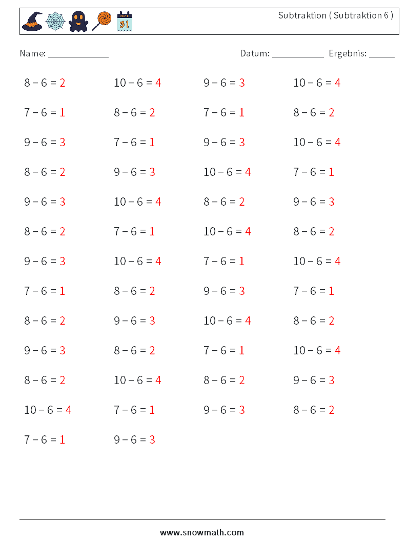 (50) Subtraktion ( Subtraktion 6 ) Mathe-Arbeitsblätter 4 Frage, Antwort