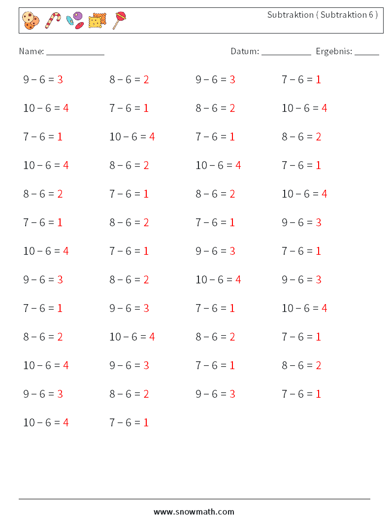 (50) Subtraktion ( Subtraktion 6 ) Mathe-Arbeitsblätter 5 Frage, Antwort