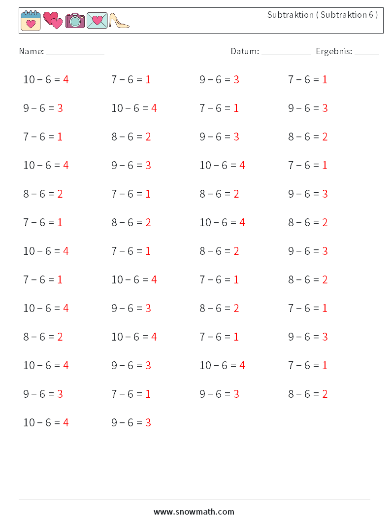 (50) Subtraktion ( Subtraktion 6 ) Mathe-Arbeitsblätter 6 Frage, Antwort