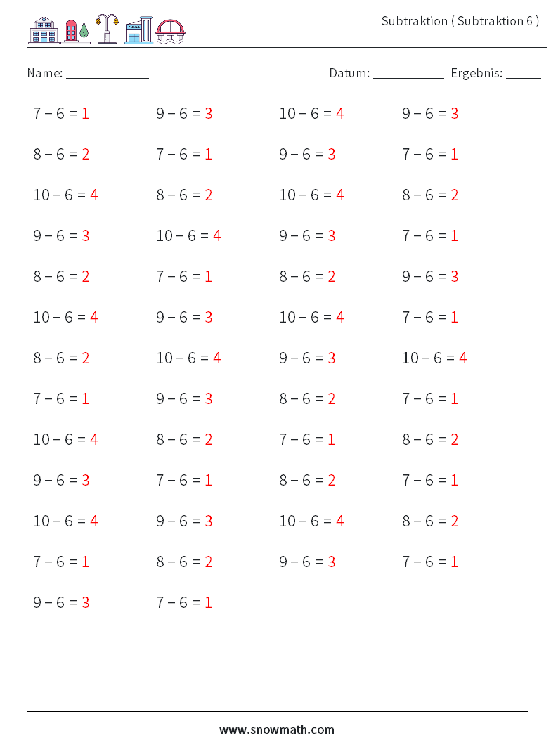 (50) Subtraktion ( Subtraktion 6 ) Mathe-Arbeitsblätter 7 Frage, Antwort