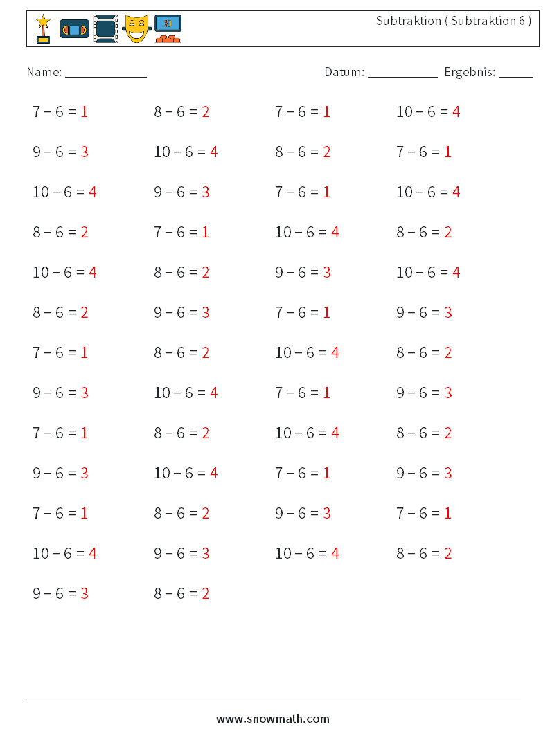(50) Subtraktion ( Subtraktion 6 ) Mathe-Arbeitsblätter 8 Frage, Antwort