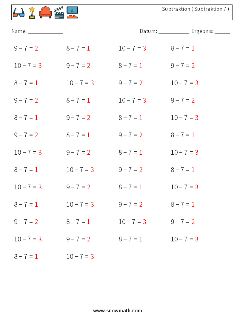 (50) Subtraktion ( Subtraktion 7 ) Mathe-Arbeitsblätter 1 Frage, Antwort