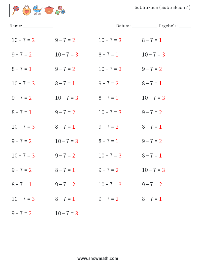 (50) Subtraktion ( Subtraktion 7 ) Mathe-Arbeitsblätter 2 Frage, Antwort